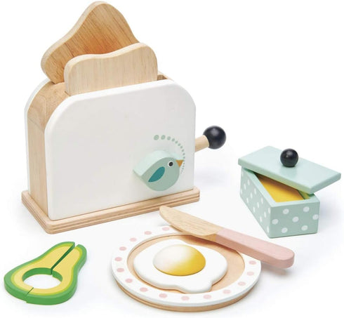 Tender Leaf Toys Mini Chef Breakfast Toaster Set - 10 Pcs Classic Wooden Pop Up Toaster Toy for Pretend Cooking