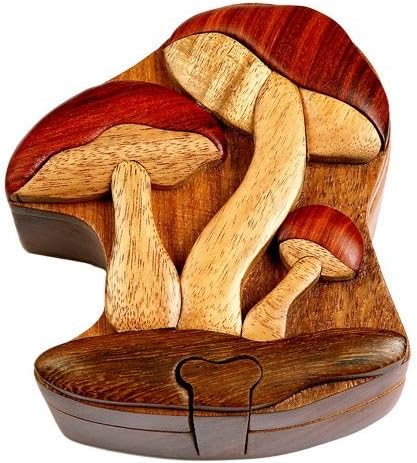 Mushroom - All Natural Wood Intarsia Puzzle Box - Handcrafted with Secret