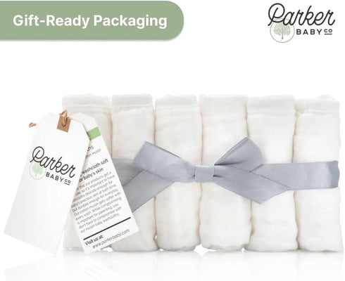 6 Pack 100% Parker Baby Washcloths - of Cotton Muslin Wash Cloths - Soft, Absorbent and Natural - White