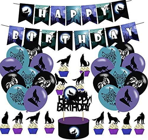 Wolf Party Decoration Theme Banners, Latex Balloons, Cupcake Toppers for Children and Adults Birthday Party