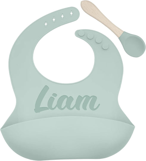 Personalized Silicone Bib and Spoon Set with Custom Name, Babies/Toddlers Durable Adjustable
