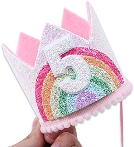 WAWUO Birthday Rainbow Girl Crown, Birthday Hat for Event Party Supplies and Photo Props