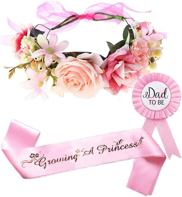 Girls Baby Shower Decoration, Adjustable Flower Crown Tiara and Growing A Princess Sash, Pink Party Gifts