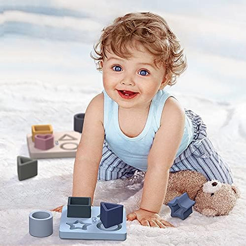 Baby Step Silicone Shape Sorter Puzzle for Toddlers 6-24 Months, Montessori Educational Toy, Blue