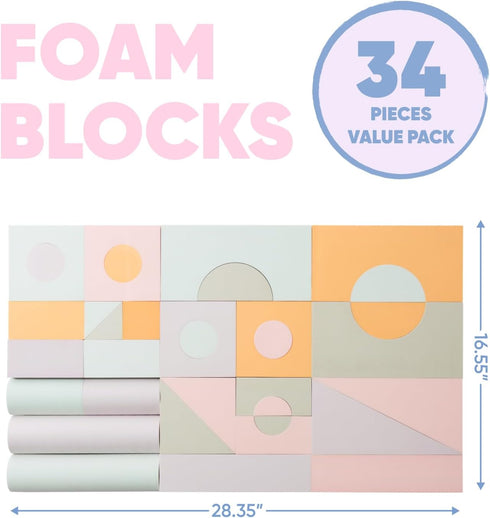 Set 34 3-5 of Jumbo Large Foam Blocks for Toddlers - Stacking Soft Blocks for Kids with Shapes & Colors Learning