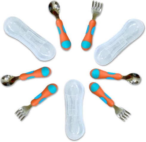 Kids Utensils Toddler Silverware Set x 3 - Stainless Steel Fork Spoon with Travel Case, 6 Pieces Orange Blue