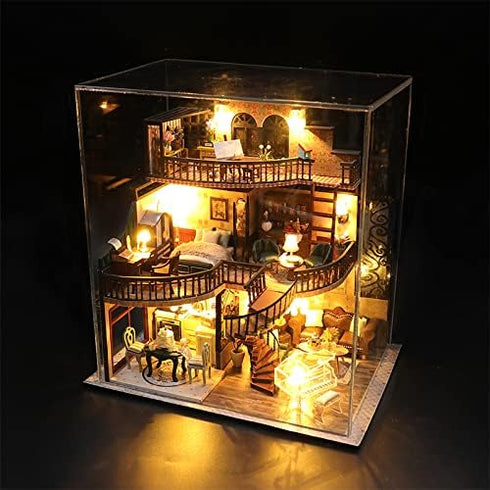 Lannso DIY Dollhouse Miniature Kit with Dust Proof Cover and Music Box, Mini Wooden Dollhouse Toys