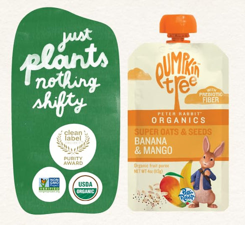 4 (Pack 10) Pumpkin Tree Peter Rabbit Organics Super Oats & Seeds, Puree Squeeze Pouch, Banana & Mango, Ounce