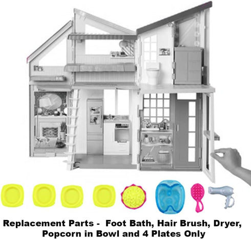 Mattel Replacement Barbie Size Foot Bath, Hair Brush and Dryer, Popcorn in Bowl and 4 Plates for Barbie Malibu Dollhouse Playset - FXG57, Yellow, Blue, Pink, Gray