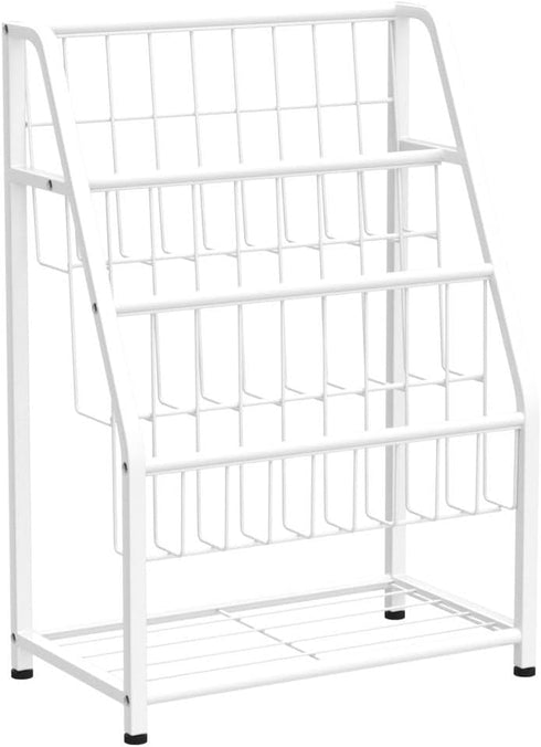 4-Tier (28.35" JAQ White Kids Bookshelf, Metal Book Display Rack for Small Spaces, Modern Toddler Bookshelf for Nursery