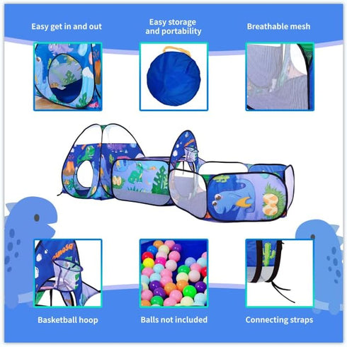 TTLOJ 3PC Dinosaur Kids Play Tent with Ball Pit, Crawl Tunnel, Toddlers Playhouse Castle Toys for 3-7 Years Old