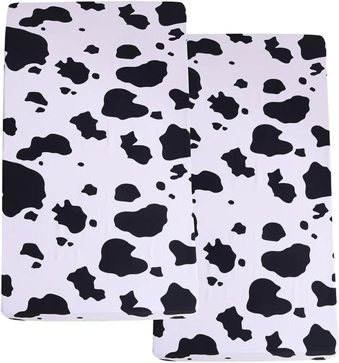 Soft Skin-friendly Printed Crib Sheet for Boys Girls, 2 Pack Fitted Crib Mattress Sheet (White Cow)