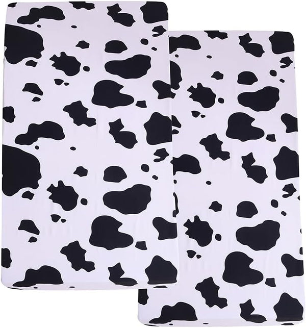 Soft Skin-friendly Printed Crib Sheet for Boys Girls, 2 Pack Fitted Crib Mattress Sheet (White Cow)
