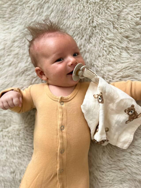 15"x15" Ali+Oli Security Blanket for Baby Teddy Bear Pacifier Holder, Soft Muslin Cuddle Blanket with Lead-Free Snap