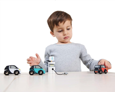 Tender Leaf Toys - Smart Car Set with 3 Pretend Electric Wooden Smart Cars and Charging Unit