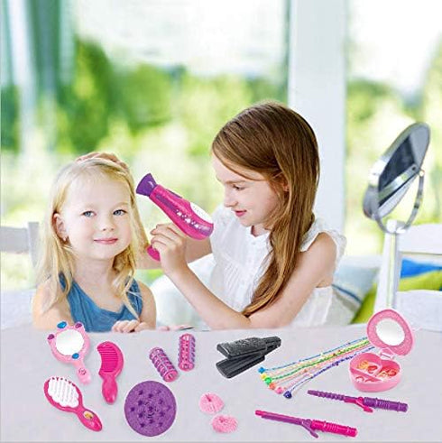 Little Girls Beauty Hair Salon Toy Kit with Toy Hairdryer, Mirror & Accessories, Makeup Set
