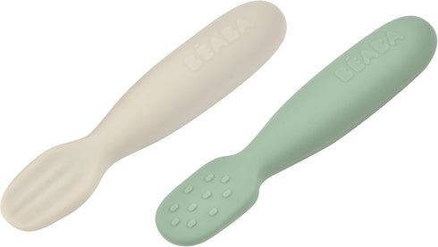 BEABA Set of 2 Silicone Pre-Spoons for Babies 4-8 Months, Ultra-Soft Silicone Spoons for Self Feeding, Sage/Grey