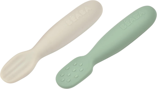 BEABA Set of 2 Silicone Pre-Spoons for Babies 4-8 Months, Ultra-Soft Silicone Spoons for Self Feeding, Sage/Grey