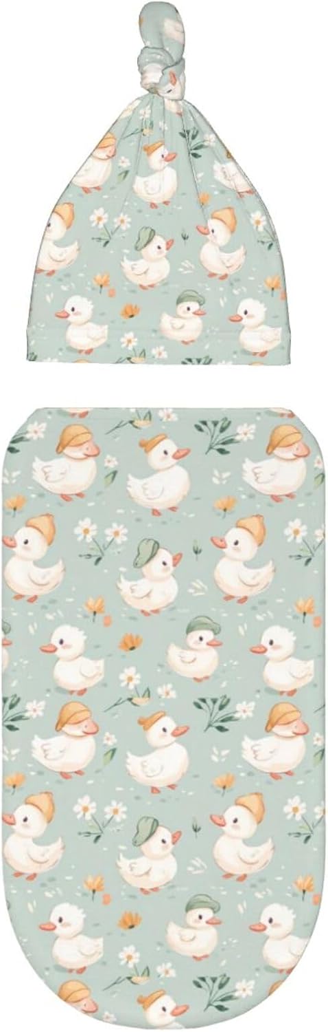 Nanyizly Set 0-6m Cute Little Duck Flowers Newborns Beanie Swaddle Blanket Baby Receiving Blankets for Infant Boy Girl