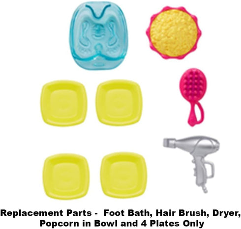 Mattel Replacement Barbie Size Accessories - Foot Bath, Hair Brush, Dryer, Popcorn Bowl, and Plates for Malibu Dollhouse