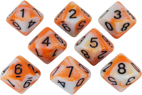 Orange and White D10 Dice Set - 8 Dice - 'Troll Slayer'