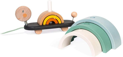 Janod Sweet Cocoon Wooden Rainbow Turtle - 7 Piece Stacking & Pull Toy with 6 Pastel Arches for Ages 18 Months+