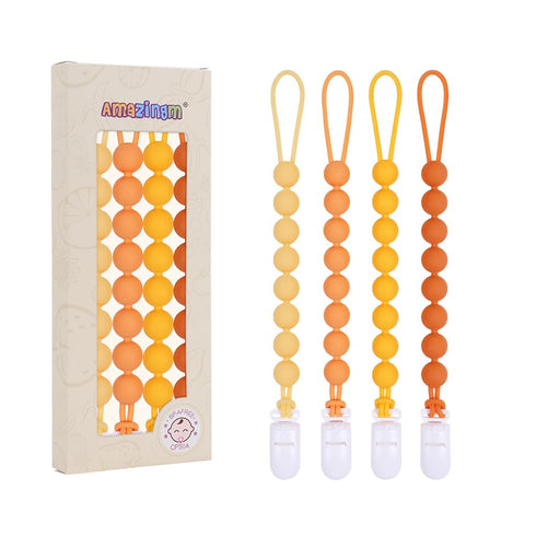 One Piece Design Silicone Pacifier Clip Holder for Baby Boys and Girls, Flexible Leashes, Soft Teether Clip (4-Pack,