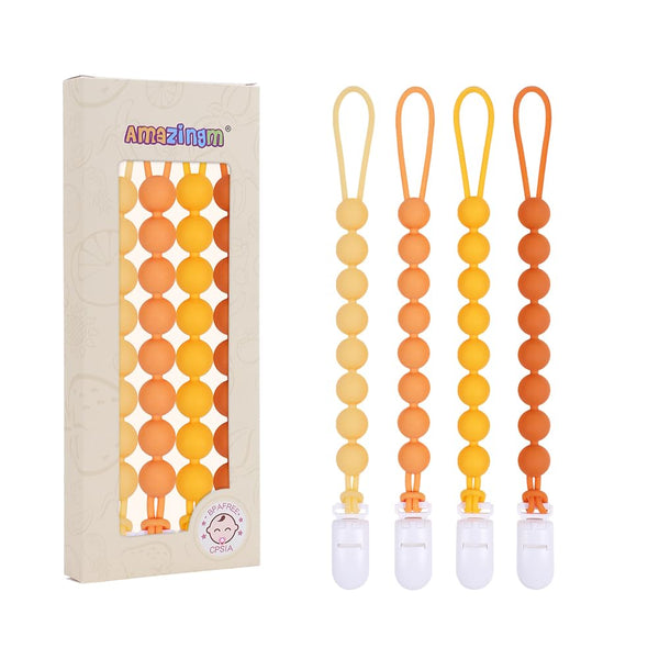 One Piece Design Silicone Pacifier Clip Holder for Baby Boys and Girls, Flexible Leashes, Soft Teether Clip (4-Pack,