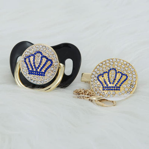 Set Handmade Bling Baby Gold Blue Crown Pacifier and Clip Unique Gift for Baby Shower