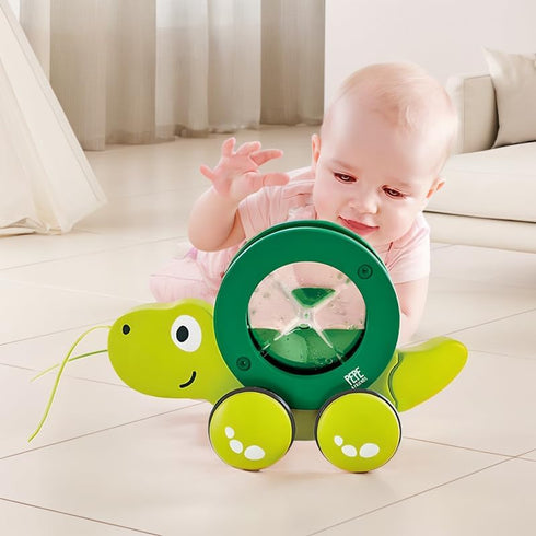 Hape Tito Turtle Pull Along Toy - Green Wooden Toddler Adventure