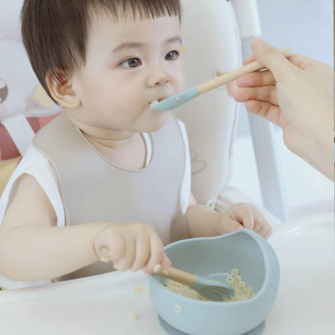 Ginbear Baby Bowls with Suction, Silicone Bibs, Baby Feeding Spoons, Baby Led Weaning Supplies, Almond, Ages 6 Months+