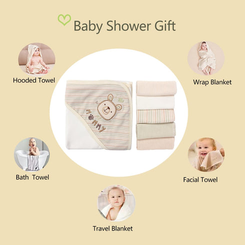 6-Pack Set 5 37.5 37.5 Inch Organic Cotton Baby Bath - Embroidered Hooded Towel & Soft Washcloths, Ultra Soft Newborn