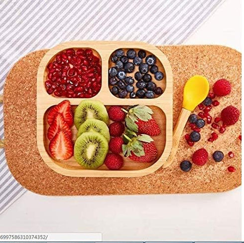 Baby Toddler Stay Put Dish, Kids Suction Plate, Bamboo Cute Dinnerware, Blue