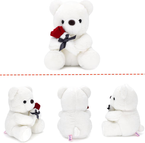9.8'' Teddy Bear with Rose, Soft Plush Doll, Valentines Day Gifts for Her/Girlfriend Mom Kids (White)
