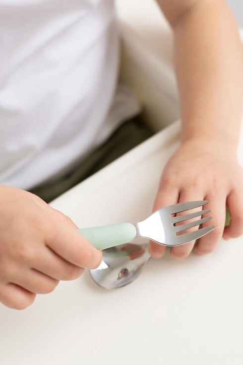 Set, 2 Pack Ubbi Toddler Utensils Stainless Steel Fork & Spoon with Easy-Grip Silicone Handles, Kids Silverware