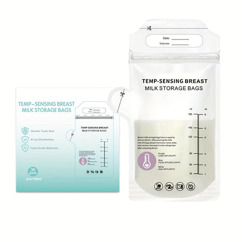Momlacto Temp-Sensing Breastmilk Storage Bags, 30 Count (6oz/180ml) Leak-Proof Double Zipper Seal, BPA-Free