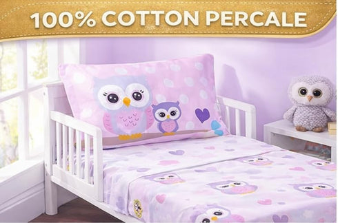 3-Piece Set 100% Set EVERYDAY KIDS Toddler Fitted Sheet, Flat Sheet and Pillowcase - Owls - Soft Breathable Cotton