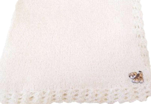 Sona Knitted Crochet Finished Light Pink Chenille Large Baby Blanket with Brown Dog