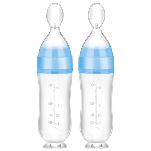 Nuanchu Baby Spoons 2 Pack, Silicone Baby Food Feeder, 3 oz Squeeze Feeding Spoon for Kids Toddlers (Blue)