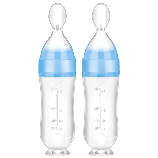 Nuanchu Baby Spoons 2 Pack, Silicone Baby Food Feeder, 3 oz Squeeze Feeding Spoon for Kids Toddlers (Blue)