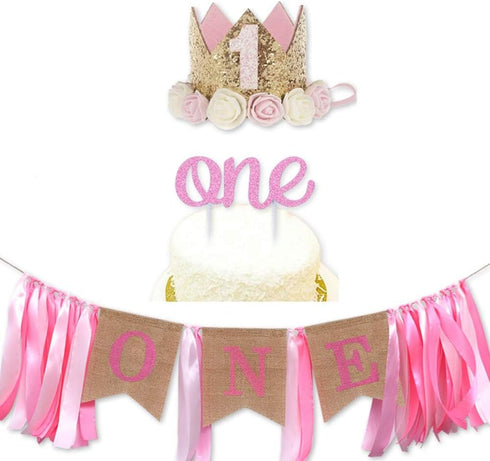 Birthday Crown Hat for Girls, Princess Sparkle Pink Flower Headband Party Decorations
