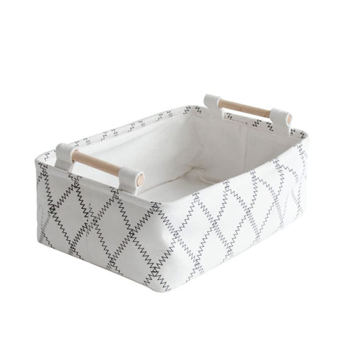 Decorative Collapsible Rectangular Fabric Storage Bin Organizer Basket - 15.4x10.6x5.1 inch, White with Wooden Handles