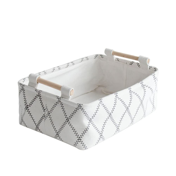 Decorative Collapsible Rectangular Fabric Storage Bin Organizer Basket - 15.4x10.6x5.1 inch, White with Wooden Handles