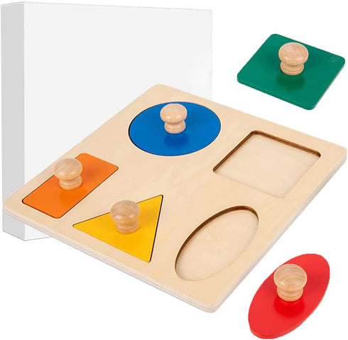 Montessori Multi Shape Wooden Puzzle Toy, Jumbo Wood Peg Educational Basic for Baby Toddler (5 Geometry Shape)