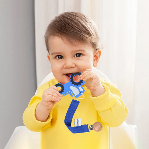 Set 3 Baby Food Grade Silicone Tractor Car Teether Toy with Pacifier Clip Holder,Teething Pain Relief Toys Gift