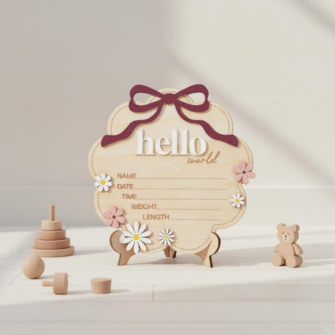 TTMerriwood Hello World Wooden Baby Birth Announcement Sign with Pink Bow, Cloud Shape Floral Newborn Name Date Time