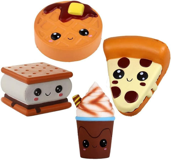 Anboor 4 Pcs Kawaii Scented Squishies: Smore, Waffle, Cake, Pizza, Coffee Cup, Soft Slow Rising Stress Relief Toy