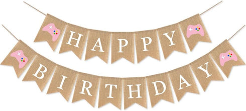 Video Game Birthday Decorations - Pink Game Controller Happy Birthday Burlap Banner, Gamer Themed Sign