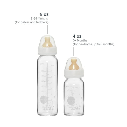 3+ Two-Pack (8 Oz) HEVEA Standard Neck Glass Baby Bottles - Natural Rubber Medium Flow Nipples - Anti Colic Baby