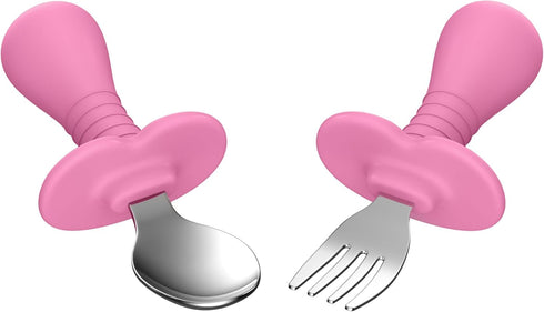 2 Pcs Toddler Utensils Set, Stainless Steel Forks and Spoons for Safe Flatware with Round Handle, BPA Free (Pink)